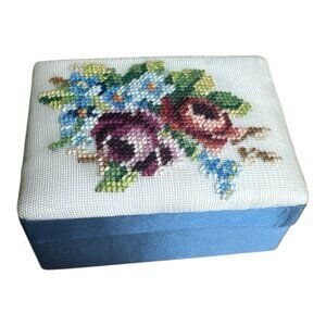 Fetco Needlework Jewelry small Box Hand Stitched Blue Lined Rose Floral Flower